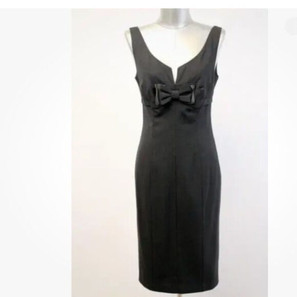 Rebecca Taylor Womens Size 2 Dark Charcoal Gray Wool Sheath V-Neck Dress w/ Bow - Picture 1 of 14